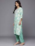 Varanga Women Turquoise Blue Round Neck Embroidered Yoke Printed Kurta Paired With Printed Bottom & Tie-Dye Dupatta