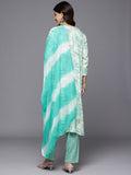 Varanga Women Turquoise Blue Round Neck Embroidered Yoke Printed Kurta Paired With Printed Bottom & Tie-Dye Dupatta