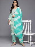 Varanga Women Turquoise Blue Round Neck Embroidered Yoke Printed Kurta Paired With Printed Bottom & Tie-Dye Dupatta