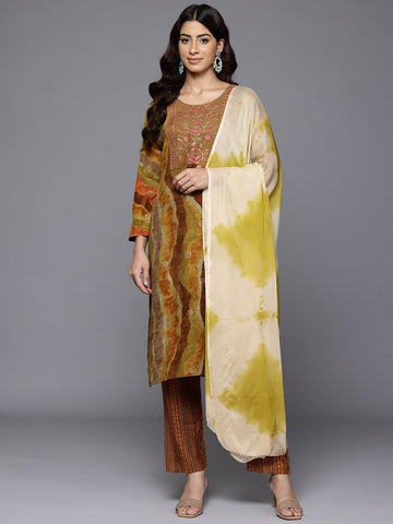 Varanga Women Multi Colour Round Neck Embroidered Yoke Printed Kurta Paired With Printed Bottom & Tie-Dye Dupatta