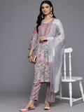 Varanga Women Grey Round Neck Thread Embroidered Yoke Printed Kurta Paired With Printed Bottom & Tie-Dye Dupatta