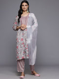 Varanga Women Grey Round Neck Thread Embroidered Yoke Printed Kurta Paired With Printed Bottom & Tie-Dye Dupatta