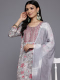 Varanga Women Grey Round Neck Thread Embroidered Yoke Printed Kurta Paired With Printed Bottom & Tie-Dye Dupatta