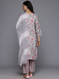 Varanga Women Grey Round Neck Thread Embroidered Yoke Printed Kurta Paired With Printed Bottom & Tie-Dye Dupatta