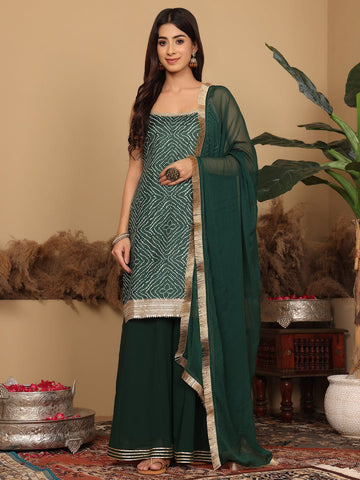 Varanga Women Green Bandhini Printed Kurta Paired With Sharara And Dupatta