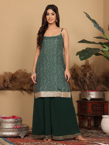 Varanga Women Green Bandhini Printed Kurta Paired With Sharara And Dupatta