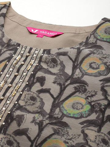 Varanga Women Grey Floral Printed Round Neck Straight Kurta Paired With Bottom And Printed Dupatta.