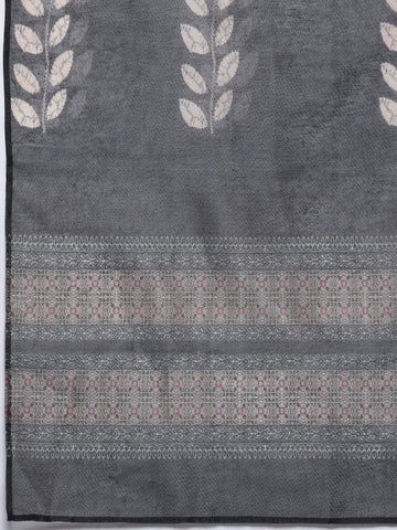 Varanga Women Grey Floral Printed Round Neck Straight Kurta Paired With Bottom And Printed Dupatta.