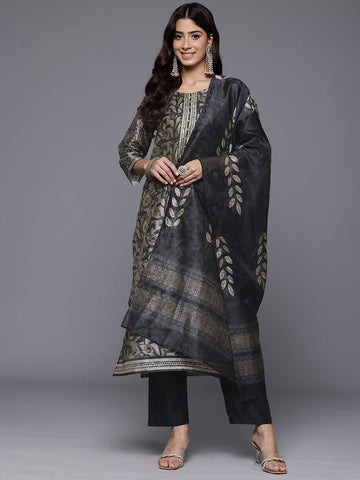 Varanga Women Grey Floral Printed Round Neck Straight Kurta Paired With Bottom And Printed Dupatta.