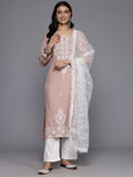 Varanga Women Nude Floral Thread Embroidered Straight Kurta Paired With White Bottom And White Embroidered Dupatta