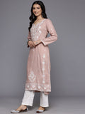 Varanga Women Nude Floral Thread Embroidered Straight Kurta Paired With White Bottom And White Embroidered Dupatta