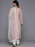 Varanga Women Nude Floral Thread Embroidered Straight Kurta Paired With White Bottom And White Embroidered Dupatta