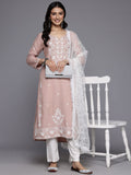 Varanga Women Nude Floral Thread Embroidered Straight Kurta Paired With White Bottom And White Embroidered Dupatta