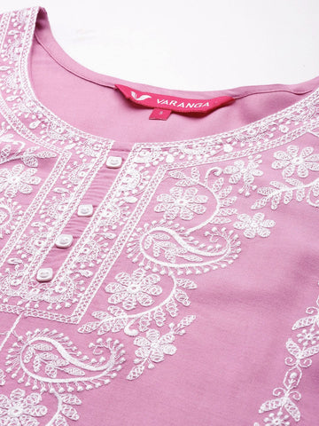 Varanga Women Pink Floral Thread Embroidered Straight Kurta Paired With White Bottom And White Embroidered Dupatta