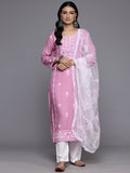 Varanga Women Pink Floral Thread Embroidered Straight Kurta Paired With White Bottom And White Embroidered Dupatta