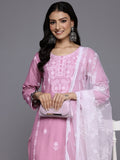 Varanga Women Pink Floral Thread Embroidered Straight Kurta Paired With White Bottom And White Embroidered Dupatta