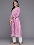 Varanga Women Pink Floral Thread Embroidered Straight Kurta Paired With White Bottom And White Embroidered Dupatta