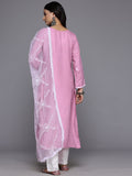 Varanga Women Pink Floral Thread Embroidered Straight Kurta Paired With White Bottom And White Embroidered Dupatta