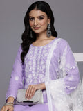 Varanga Women Lavender Floral Thread Embroidered Straight Kurta Paired With White Bottom And White Embroidered Dupatta