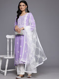 Varanga Women Lavender Floral Thread Embroidered Straight Kurta Paired With White Bottom And White Embroidered Dupatta