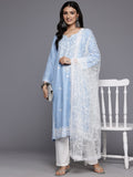 Varanga Women Blue Floral Thread Embroidered Straight Kurta Paired With White Bottom And White Embroidered Dupatta