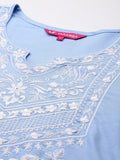 Varanga Women Blue Floral Thread Embroidered Straight Kurta Paired With White Bottom And White Embroidered Dupatta