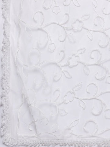 Varanga Women Blue Floral Thread Embroidered Straight Kurta Paired With White Bottom And White Embroidered Dupatta