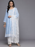 Varanga Women Blue Floral Thread Embroidered Straight Kurta Paired With White Bottom And White Embroidered Dupatta