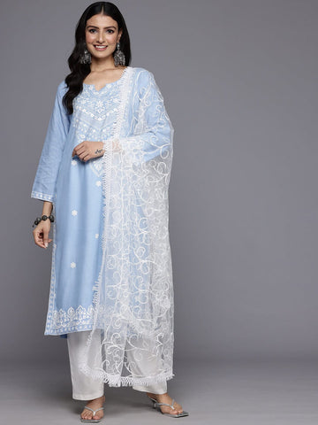 Varanga Women Blue Floral Thread Embroidered Straight Kurta Paired With White Bottom And White Embroidered Dupatta