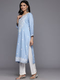 Varanga Women Blue Floral Thread Embroidered Straight Kurta Paired With White Bottom And White Embroidered Dupatta