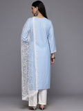 Varanga Women Blue Floral Thread Embroidered Straight Kurta Paired With White Bottom And White Embroidered Dupatta