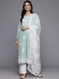 Varanga Women Sea Green Floral Thread Embroidered Straight Kurta Paired With White Bottom And White Embroidered Dupatta