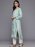 Varanga Women Sea Green Floral Thread Embroidered Straight Kurta Paired With White Bottom And White Embroidered Dupatta