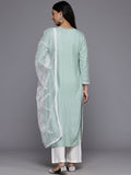 Varanga Women Sea Green Floral Thread Embroidered Straight Kurta Paired With White Bottom And White Embroidered Dupatta