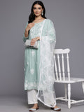 Varanga Women Sea Green Floral Thread Embroidered Straight Kurta Paired With White Bottom And White Embroidered Dupatta