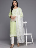 Varanga Women Light Green Floral Thread Embroidered Straight Kurta Paired With White Bottom And White Embroidered Dupatta