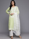 Varanga Women Light Green Floral Thread Embroidered Straight Kurta Paired With White Bottom And White Embroidered Dupatta