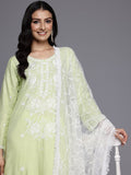 Varanga Women Light Green Floral Thread Embroidered Straight Kurta Paired With White Bottom And White Embroidered Dupatta