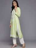 Varanga Women Light Green Floral Thread Embroidered Straight Kurta Paired With White Bottom And White Embroidered Dupatta