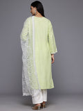 Varanga Women Light Green Floral Thread Embroidered Straight Kurta Paired With White Bottom And White Embroidered Dupatta