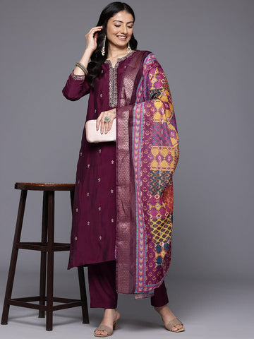 Varanga Women Purple Round Neck Placement Embroidered Kurta Paired With Tonal Bottom & Printed Dupatta