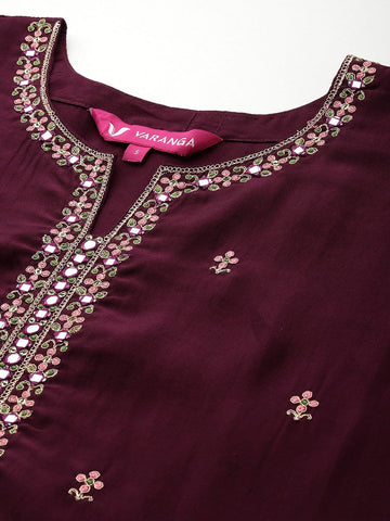 Varanga Women Purple Round Neck Placement Embroidered Kurta Paired With Tonal Bottom & Printed Dupatta