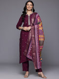 Varanga Women Purple Round Neck Placement Embroidered Kurta Paired With Tonal Bottom & Printed Dupatta