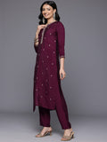 Varanga Women Purple Round Neck Placement Embroidered Kurta Paired With Tonal Bottom & Printed Dupatta