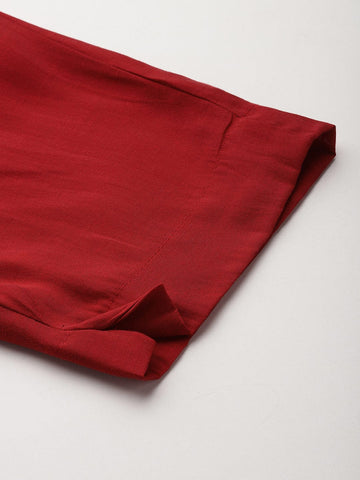 Varanga Women Red Round Neck Placement Embroidered Kurta Paired With Tonal Bottom & Printed Dupatta