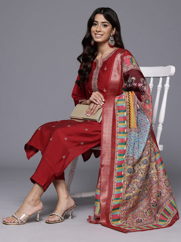 Varanga Women Red Round Neck Placement Embroidered Kurta Paired With Tonal Bottom & Printed Dupatta