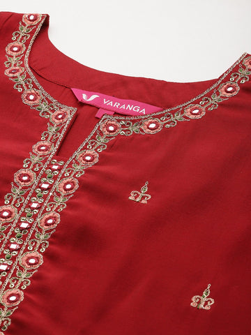 Varanga Women Red Round Neck Placement Embroidered Kurta Paired With Tonal Bottom & Printed Dupatta