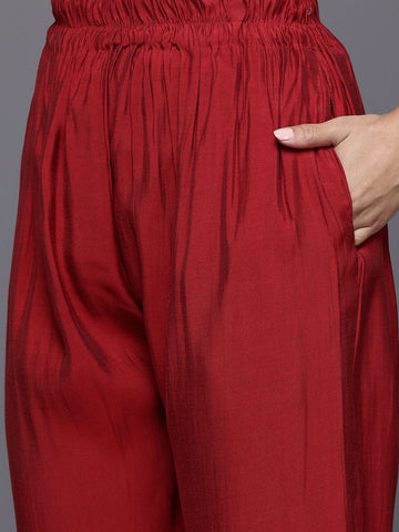 Varanga Women Red Round Neck Placement Embroidered Kurta Paired With Tonal Bottom & Printed Dupatta
