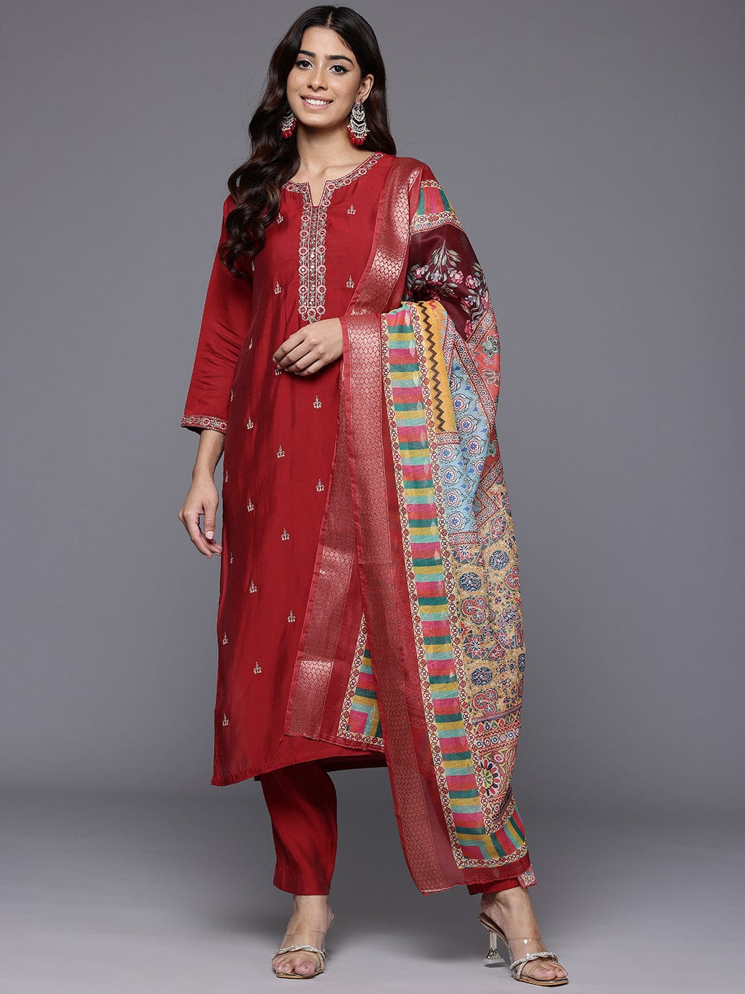 Varanga Women Red Round Neck Placement Embroidered Kurta Paired With Tonal Bottom & Printed Dupatta