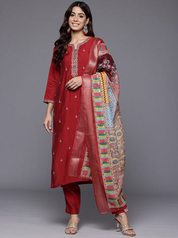 Varanga Women Red Round Neck Placement Embroidered Kurta Paired With Tonal Bottom & Printed Dupatta